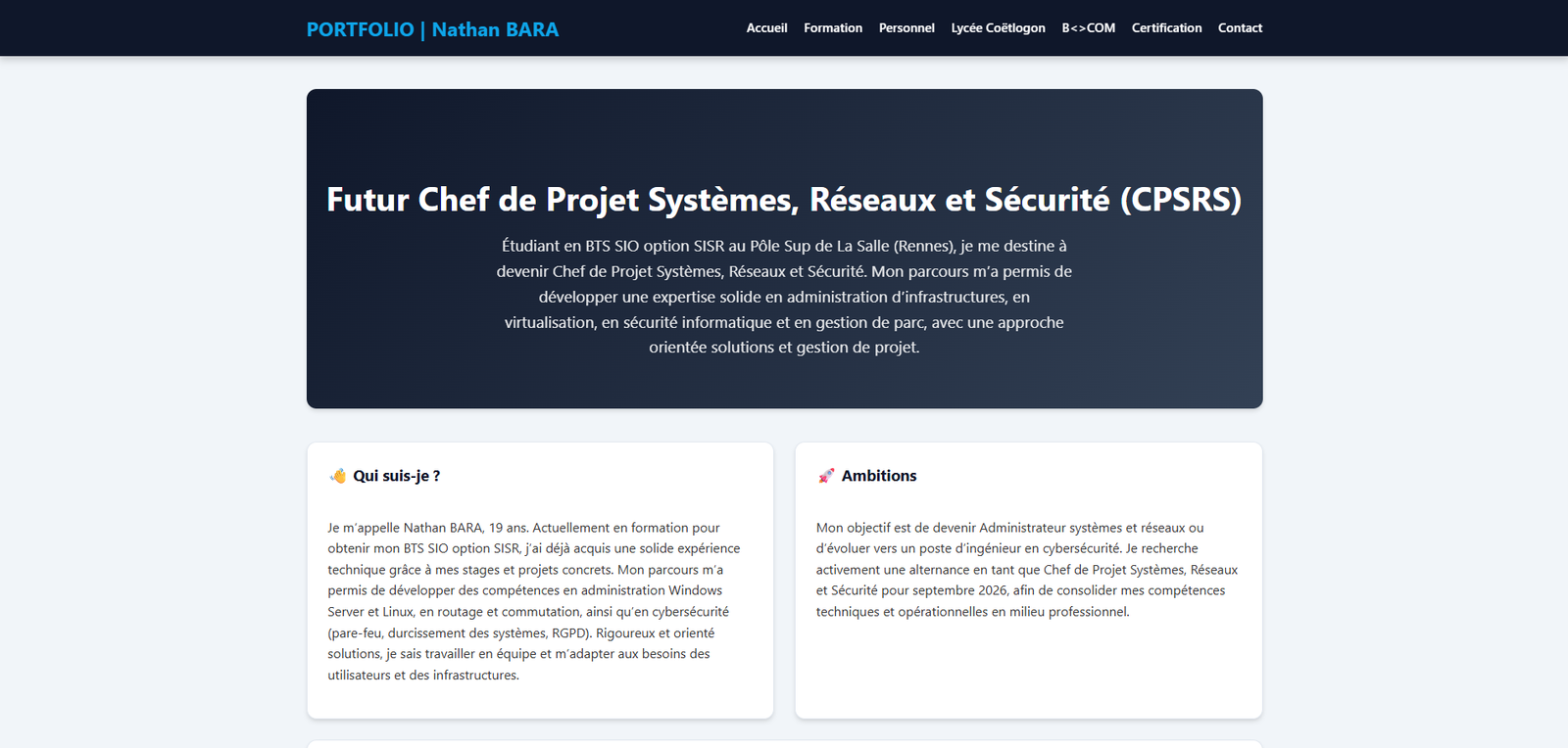 Aperçu de la page d'accueil du portfolio
